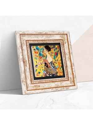 Store Gustav Klimt Yelpazeli Kadın Taş Duvar Tablosu - Çerçeveli Taş Tablo - Dekoratif Duvar Sanatı - Modern Ev ve Ofis Duvar Dekoru T1-275