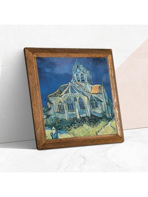 Store Pinecone Vincent Van Gogh Auvers'deki Kilise Taş Duvar Tablosu - Ahşap Çerçeveli Taş Tablo - 25X25 cm - Dekoratif Duvar Sanatı - Modern Ev ve Ofis Duvar Dekoru W1-289