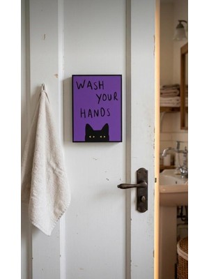 Store Wash Your Hands Kedi Figürlü Dekoratif Duvar Tablosu – Banyo Kapısı ve Lavabo Üstü Duvar Dekoru
