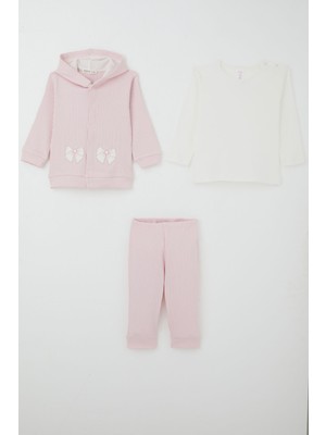 Breeze Kız Bebek Bodyli 3 Lü Takım Fiyonk Arma Nakışlı 4 Ay - 1 Yaş , Pembe