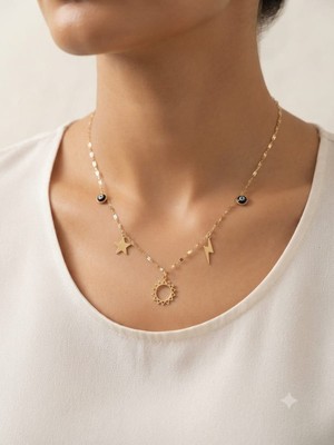 Papatya Silver Orjinal 14 Ayar Sertifikalı Altın Minimalist Aynalı Ezme Zincir Nazar Gözlü Şans Kolye