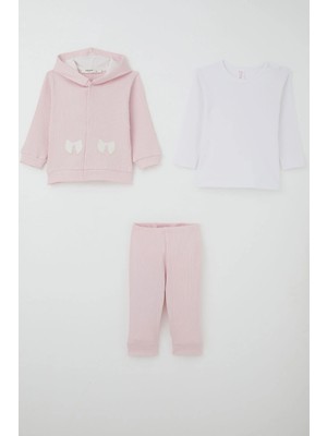 Breeze Kız Bebek Bodyli 3 Lü Takım Fiyonk Arma Nakışlı 4 Ay - 1 Yaş , Pembe