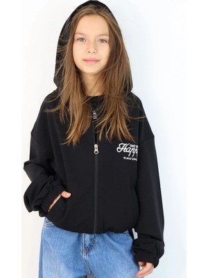 Breeze Kız Çocuk Hırka Yazı Nakışlı Kapüşonlu Bel Kısmı Lastikli 9-14 Yaş, Siyah