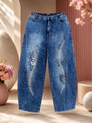 Trieste Wear Büyük Beden Denim Beli Lastikli Taşlı Yırtık Detaylı Bol Kesim Kadın Pantolon