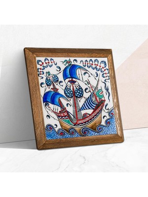Lexroo Pinecone Çini Sanatı Yelkenli Gemi Taş Duvar Tablosu - Ahşap Çerçeveli Taş Tablo - 25X25 cm - Dekoratif Duvar Sanatı - Modern Ev ve Ofis Duvar Dekoru W1-183