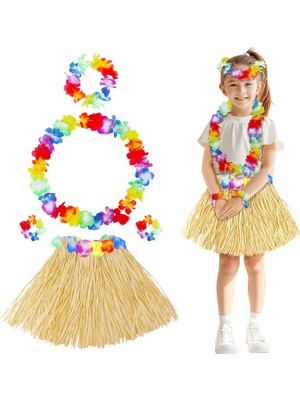 Zenviaa Yetişkin Çocuk Hawaii Parti Seti - 40 cm Naturel Etek + Çiçek Aksesuarlar (5 Parça) (48