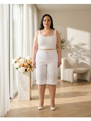 Zanessi Fashion Büyük Beden Beli Lastikli Bağcıklı Taş Detaylı Kadın Kumaş Şort