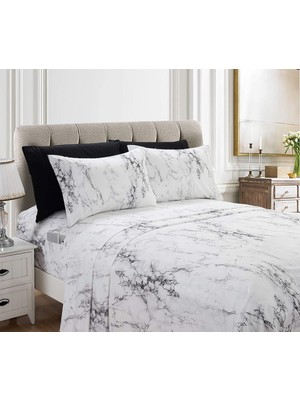 Store Eloise Mermer Baskılı 6 Parça Çarşaf Seti, 1500 Iplik Sayısı, Kırışmaz ve Süper Yumuşak Malzeme, Akıllı Cepli Lastikli Çarşaflar, Mermer Çarşaf Seti, Queen, Sicilya Beyazı
