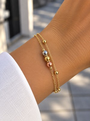 Mare Butik Üç Renk Boncuk Detaylı Gold Bileklik