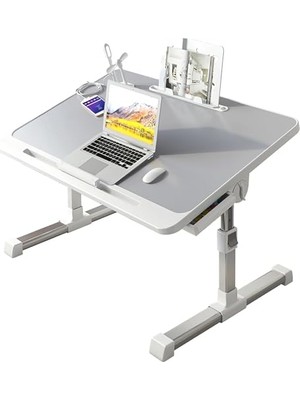 Premium Katlanabilir Laptop Masası, LED Aydınlatmalı USB Fanlı Dizüstü Bilgisayar Sehpası, Yükseklik ve Açı Ayarlı, Tablet ve Kitap Standlı, Çekmeceli 60X40 cm Gri