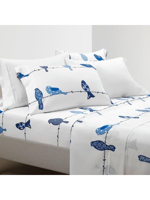 Store Rowley Birds Yumuşak Çarşaf 6 Parça Set, Kraliçe, Lacivert