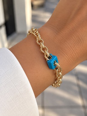 Mare Butik Mavi Kilit Detaylı Gold Zincir Bileklik