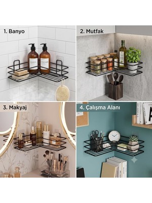 Store Çok Amaçlı Siyah Kare Köşeli Banyo Rafı Yapışkanlı