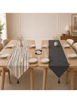 Store Tek Runner Iki Farklı Yüz, Çift Taraflı Kullanım 45 x 150 Cm, Desenli ve Düz Iki Yüzlü Runner, Püsküllü Dekoratif Masa Örtüsü (Gri Lacivert Krem Çizgili Desenli)