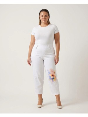 Zanessi Fashion Büyük Beden Beli Lastikli Toparlayıcı Yüksek Bel Paçası Çiçek Desenli Düz Paça Kumaş Kadın Pantolon
