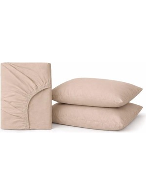 Store %100 Pamuklu Lastikli Çarşaf, Taş Rengi, 2 Yastık Kılıfı Dahil (180X200)