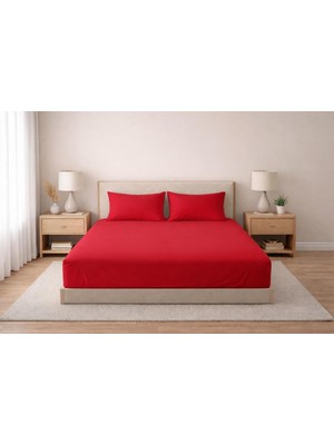 Store %100 Pamuklu Lastikli Çarşaf, Kırmızı, 2 Yastık Kılıfı Dahil (120X200)
