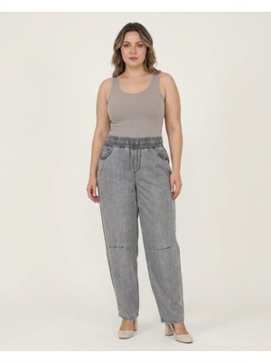 Zanessi Fashion Büyük Beden Beli Lastikli Bağcıklı Yandan Taşlı Şerit Detaylı Dökümlü Tensel Kumaş Bol Paça Denim Kadın Pantolon