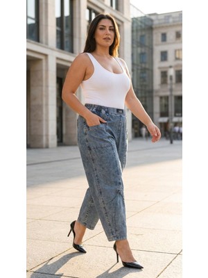 Zanessi Fashion Büyük Beden Beli Lastikli Ön Cepli Dikiş Detaylı Tensel Kumaş Dökümlü Denim Kadın Pantolon