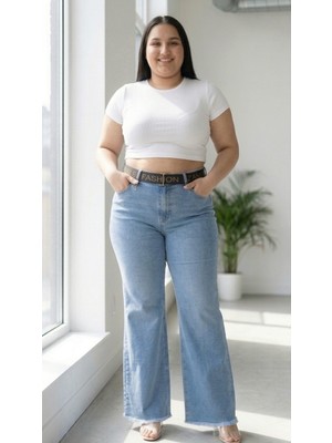 Zanessi Fashion Büyük Beden Toparlayıcı Kemerli Bol Paça Denim Kadın Pantolon