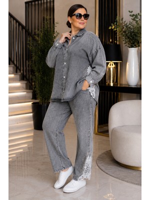 Trieste Wear Büyük Beden Yakalı Düğmeli Tunik Gömlekli Paçası Dantel Detaylı Denim Kadın İkili Takım