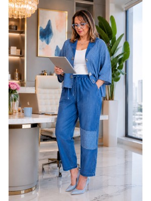 Trieste Wear Büyük Beden Yakalı Geniş Kol Detaylı Düğmeli Çizgi Desenli Denim Kadın İkili Takım
