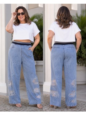 Trieste Wear Büyük Beden Bol Kesim Paçası Desenli Taş Detayli Denim Kadın Pantolon