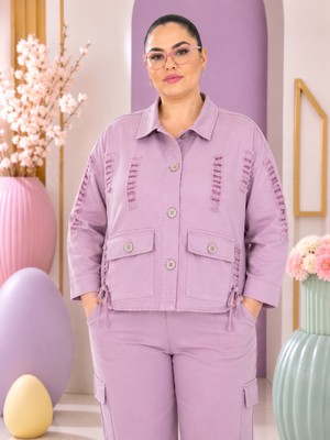 Trieste Wear Büyük Beden Yakalı Düğme Detaylı Bağcıklı Ön Cepli Denim Kadın Ceket