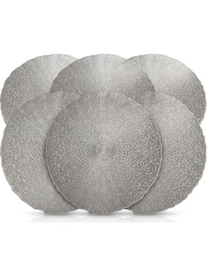 Store 6'lı Plastik Amerikan Servis Seti, Yuvarlak 38 cm Gri Yaprak Desenli Supla, Yıkanabilir Silinebilir Tabak Altlığı, Yemek Masası Servis Sunum Matı
