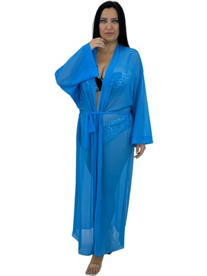 Pierre Cardin Büyük Beden Uzun Kollu Belden Bağcıklı Tül Kadın Kaftan Pareo