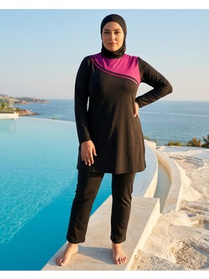 Pierre Cardin Büyük Beden Sıfır Yaka Düz Paça İç Giyimli Çift Boneli Kadın Tesettür Mayo