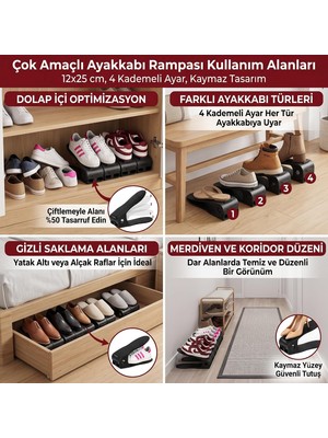 Aydogan's Ayarlanabilir Ayakkabı Rampası (12X25 Cm) - 4 Kademeli Dolap Içi Ayakkabı Düzenleyici Organizer, Kaymaz Siyah Plastik Ayakkabılık Çiftleme Rampası