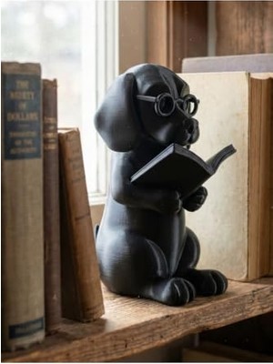Kitap Okuyan Köpek Biblo – Gözlüklü Dekoratif 3D Baskı Masa & Kitaplık Süsü Siyah