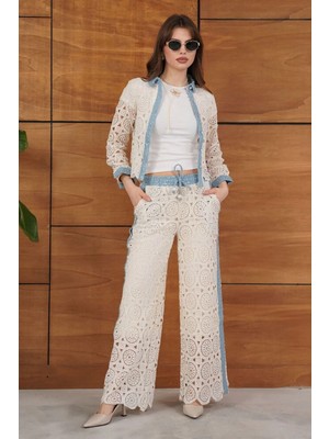 Caddebostan Moda Krem-Mavi Kot Detay Dantel Pantolon Modern Premium Luxury Trend Tasarım Pantolon