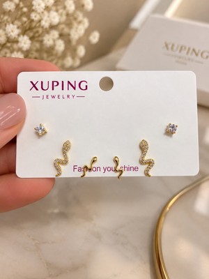 İdilce Xuping Gold Renk 3’lü Minimal Yılan Tasarım Kadın Küpe Seti