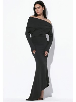 Hiccup Kadınlar Kayık Yaka Asimetrik Bodycon Maxi Elbise Siyah