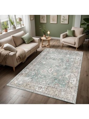 Zuleo Vintage Desenli Şönil Pamuk Tabanlı Yıkanabilir Kaymaz Antibakteriyel Salon Halısı 80X150
