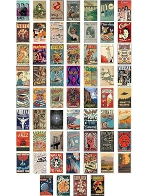 Retro Poster Seti - Kolaj Seti - Oda Dekoru - Duvar Posteri - Yapışkanlı - Duvar Dekoru - 60 Adet