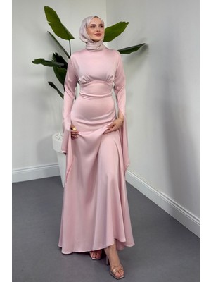 Merven Akyüz Monevia Kolları Yırtmaçlı Saten Abiye Pudra