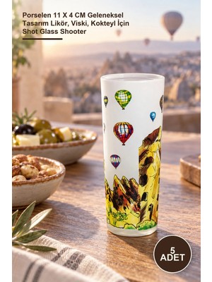 Yenilig 5 Adet Yöresel Shot Bardak – Porselen 11 x 4 cm Geleneksel Tasarım Likör, Viski, Kokteyl Için Shot Glass Shooter