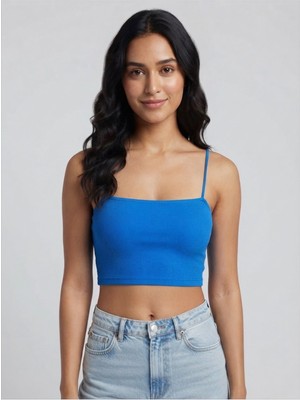 Belirtilmemiş Mavi Ipli Askılı Kare Yaka Likralı Fitilli Kadın Crop Top Bluz