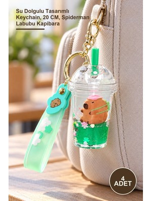 Yenilig 4 Adet Sulu Silikon Anahtarlık – Su Dolgulu Tasarımlı Keychain, 20 Cm, Spiderman Labubu Kapibara