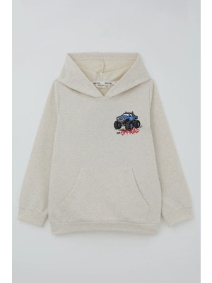 Breeze Erkek Çocuk Sweatshirt Macera Temalı Arazi Aracı Sırt Baskı Detaylı 4-8 Yaş , Bej Melanj