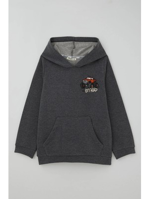 Breeze Erkek Çocuk Sweatshirt Macera Temalı Arazi Aracı Sırt Baskı Detaylı 4-8 Yaş , Koyu Gri Melanj