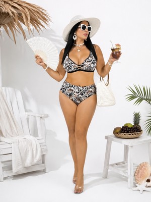 Eros Büyük Beden Sabit Pedli Luplu Leopar Desenli Toparlayıcı Yüksek Bel Kadın Bikini Takım
