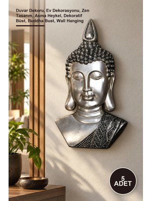 Yenilig 5 Adet Duvara Asmalı Buda Büstü – Duvar Dekoru, Ev Dekorasyonu, Zen Tasarım, Asma Heykel, Dekoratif Büst, Buddha Bust, Wall Hanging