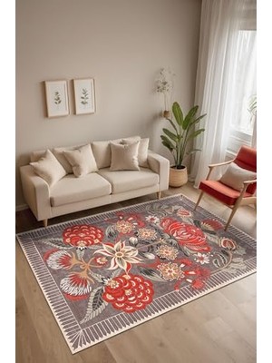 Rano Çiçekli Şönil Kaymayı Önleyici Doğal Pamuk Tabanlı Yıkanabilir Antibakteriyel Çevre Dostu Salon Halısı 200X300