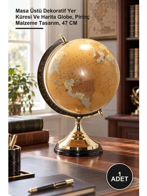 Yenilig 1 Adet Pirinç Dünya Küre – Masa Üstü Dekoratif Yer Küresi ve Harita Globe, Pirinç Malzeme Tasarım, 47 cm