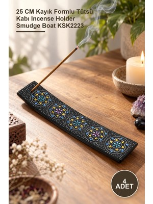 Yenilig 4 Adet Obsidyan Taşı Kayık Tütsülük – 25 cm Kayık Formlu Tütsü Kabı Incense Holder Smudge Boat KSK2223
