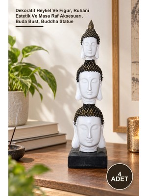 Yenilig 4 Adet 3 Kafalı Buda Büstü – Dekoratif Heykel ve Figür, Ruhani Estetik ve Masa Raf Aksesuarı, Buda Bust, Buddha Statue
